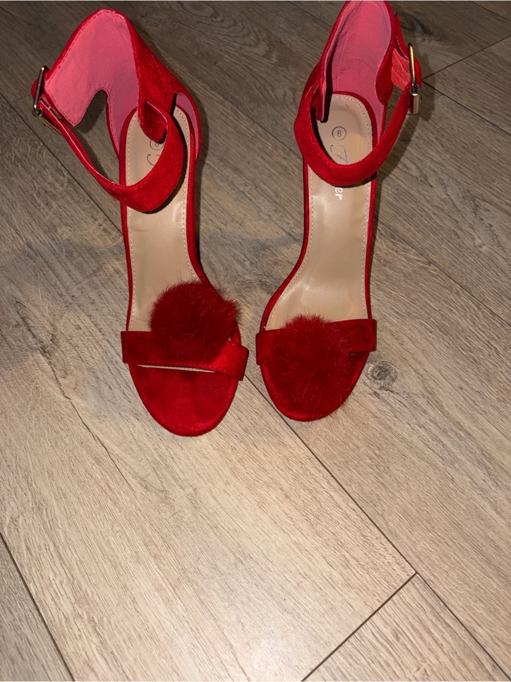 Red Fur Pom Ankle-Strap Heels for Women